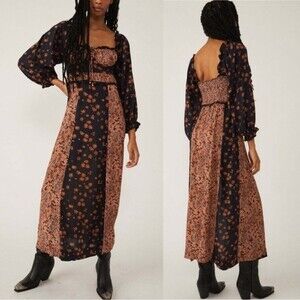 Free People Tigerlily Long Sleeve Boho Maxi Dress Black Size XS Coastal Summer